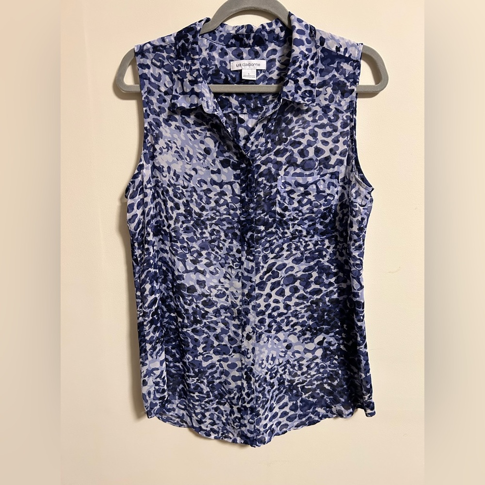 Liz Claiborne Navy and White Animal Print Blouse